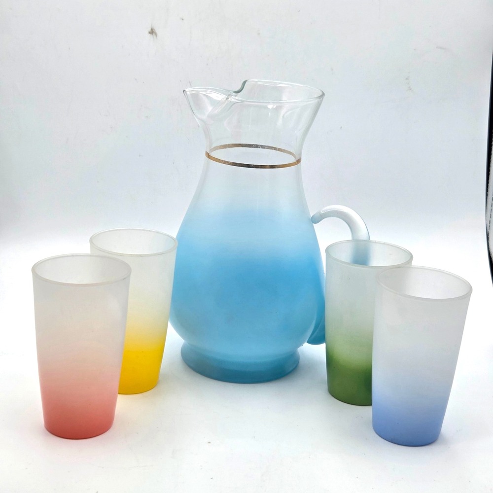 Vintage Blendo Frosted Pitcher & Tumbler Set  West Virginia Glass MCM  F18J